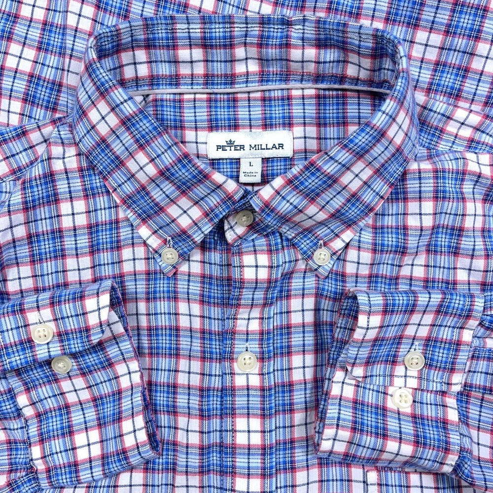 Peter Millar Shirt Men Large Blue Red Plaid Button Up Windowpane Dress Casual